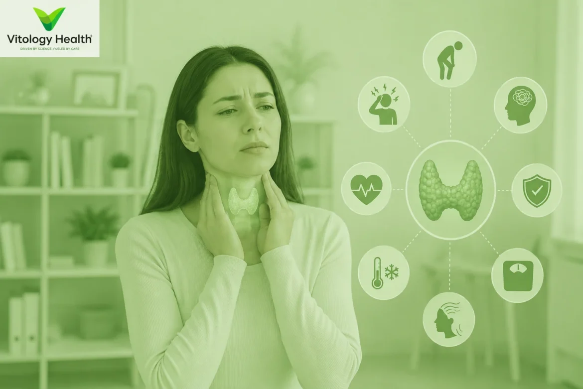 Woman experiencing thyroid discomfort while holding her neck, with an illustration of the thyroid gland and icons representing common thyroid disorder symptoms.